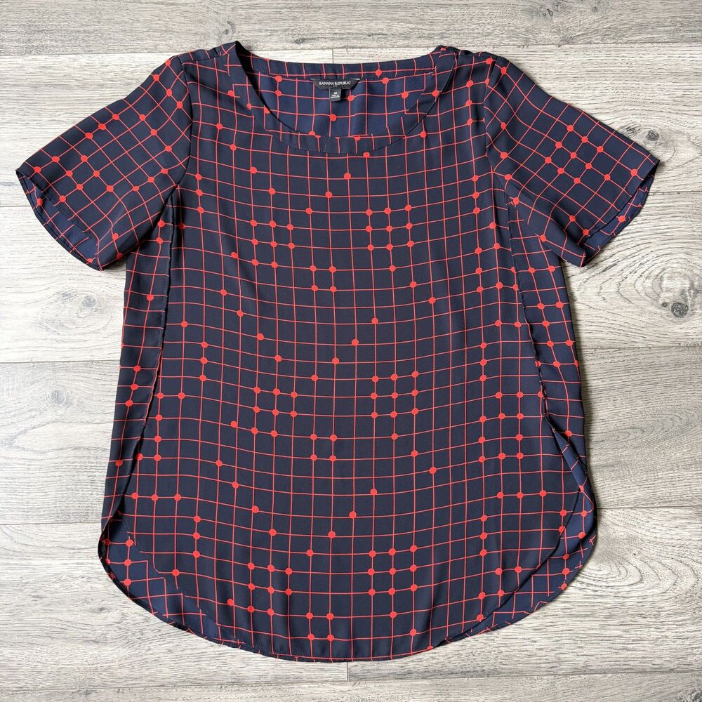 Banana Republic‎ Navy & Red Geometric Grid Blouse - Size Medium